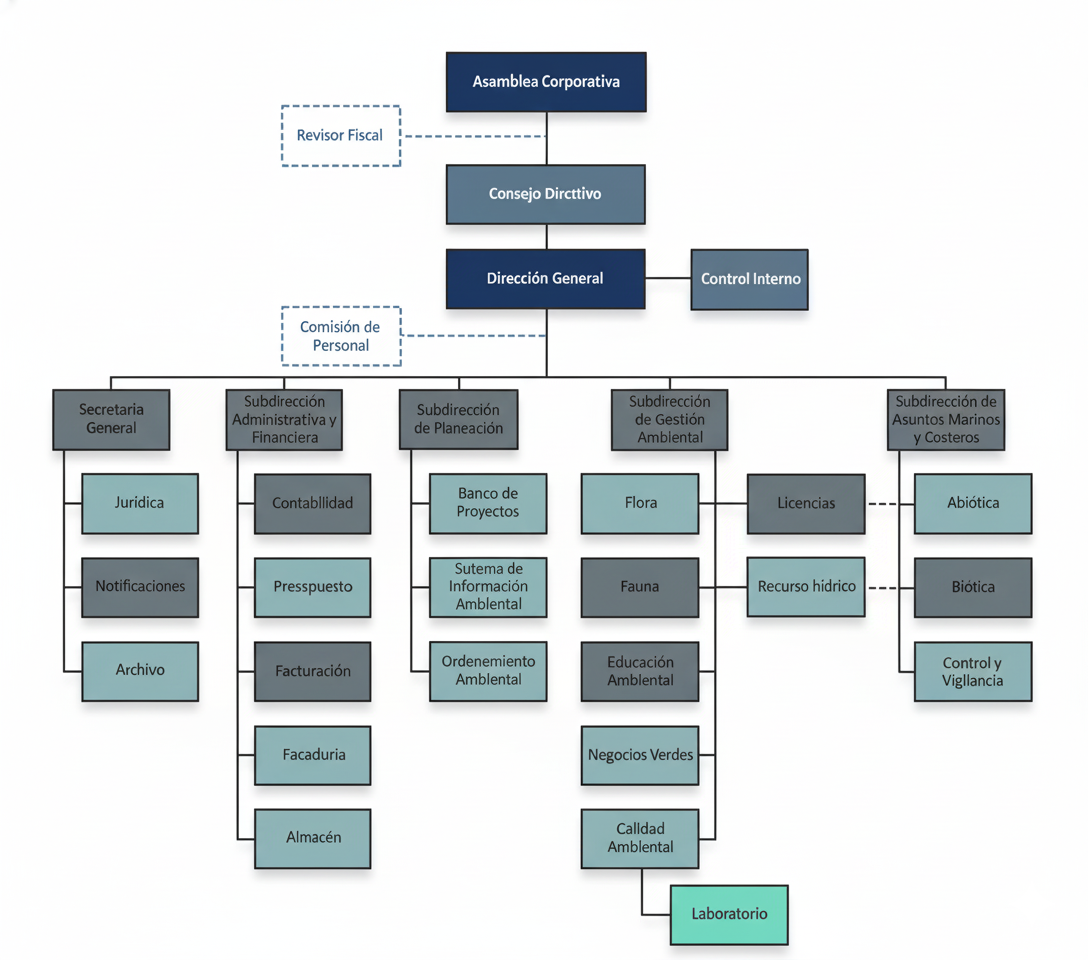 Organigrama oficial de la Corporación Autónoma Regional de Sucre (CARSUCRE) para el año 2025, mostrando su estructura organizacional dedicada a la gestión ambiental y el desarrollo sostenible en el departamento de Sucre.